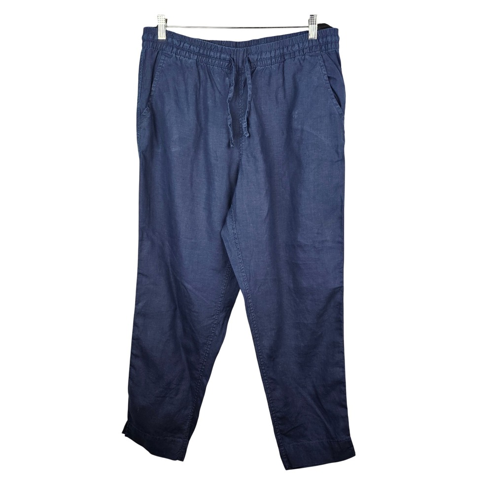 LL Bean Women's Navy Blue 100% Linen Drawstring Elastic Waist Pants Size 14 M/T